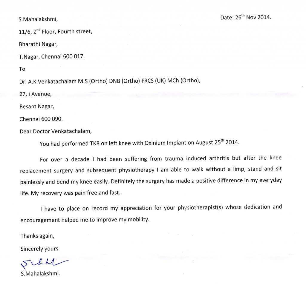 Knee replacement patient testimonial Chennai